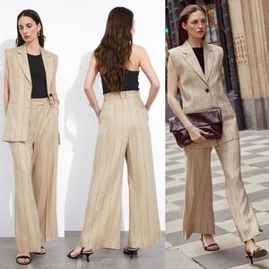 & Other Stories Wide Linen-Blend Trousers Pinstripe Tan US 4 NWT High Waist